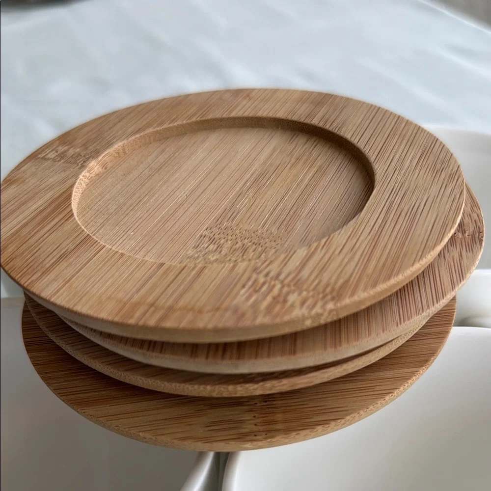 White Ceramic Cups with Bamboo Coasters Set